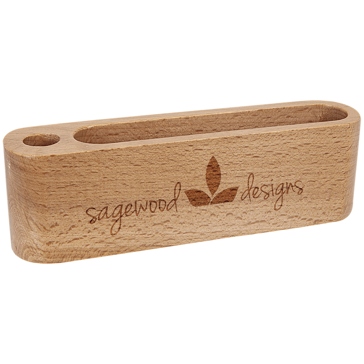 5 1/4" Beech Wood Business Card and Pen Holder