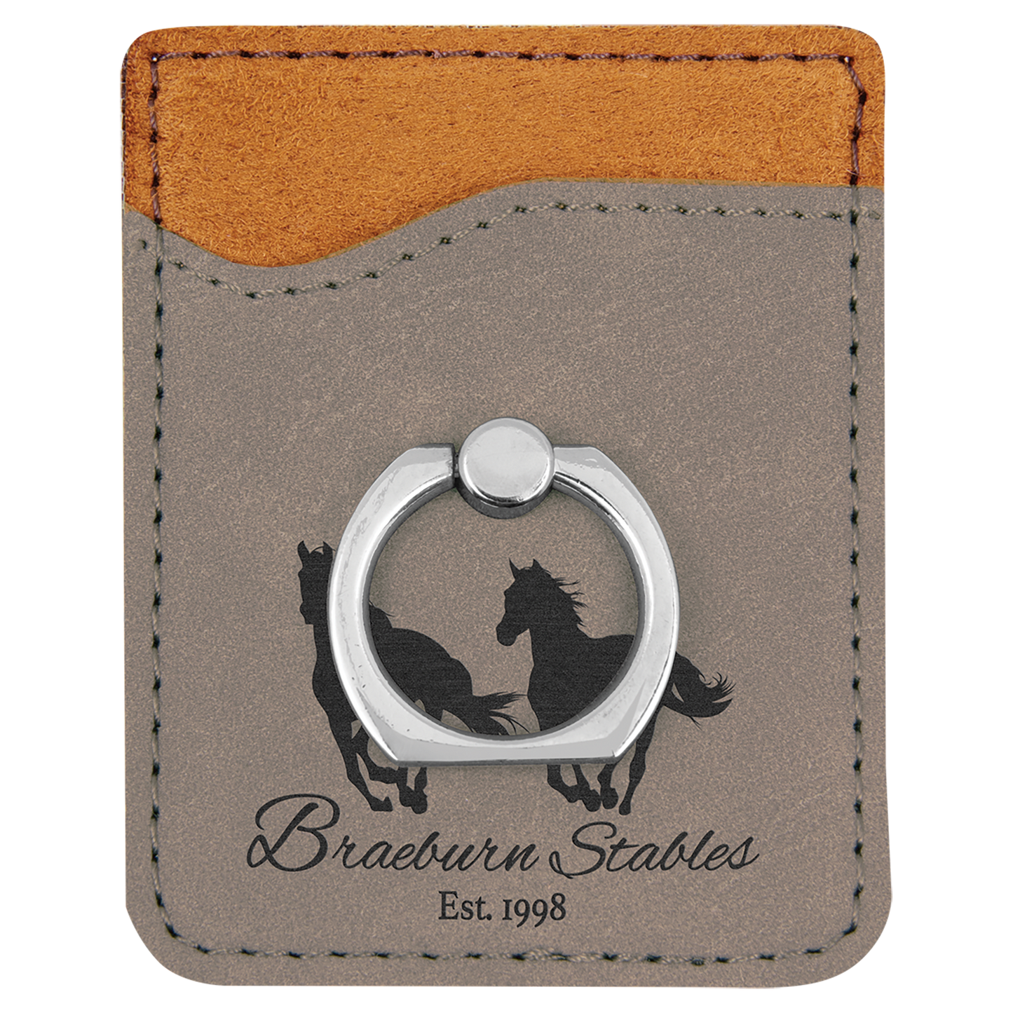 Gray Laserable Leatherette Phone Wallet with Silver Phone Wallet with Silver Ring