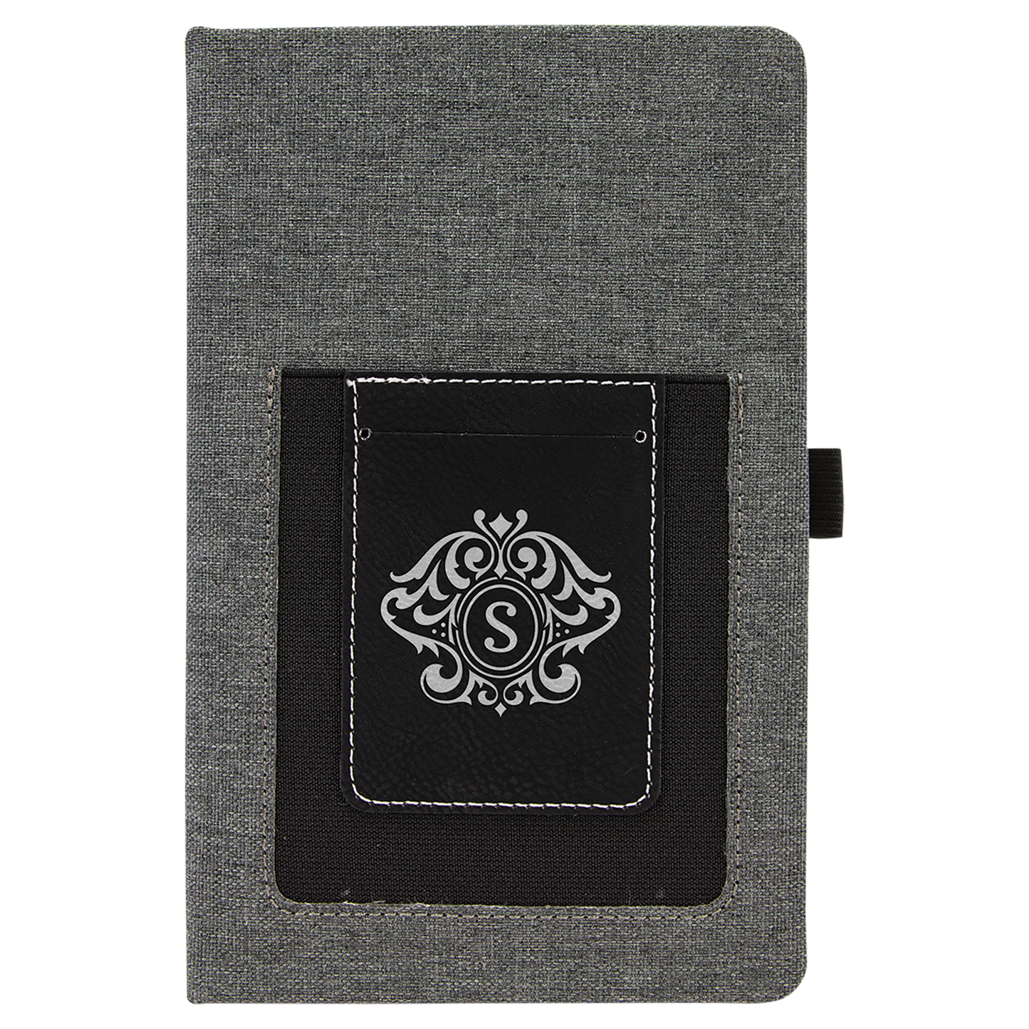 Gray w/Black 5 1/4" x 8 1/4" Laserable Leatherette Journal with Cell/Card Slot