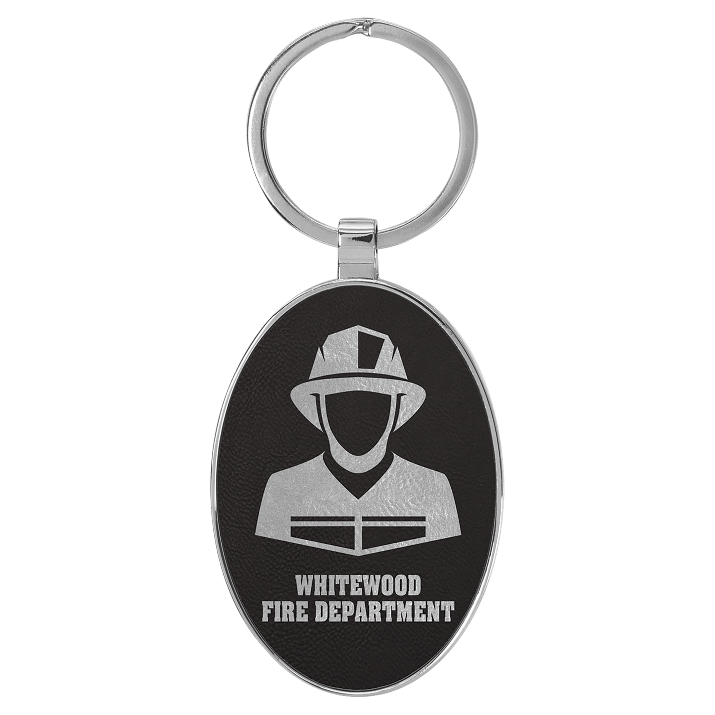 Black/Silver 3" x 1 3/4" Laserable Leatherette/Metal Oval Keychain