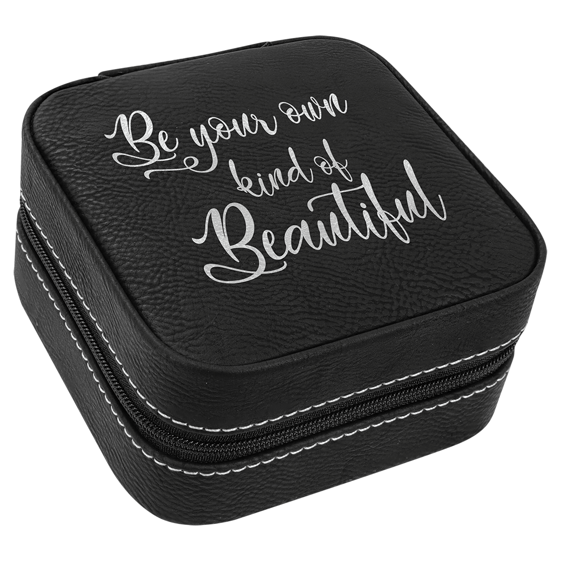 Black/Silver 4" X 4" Laserable Leatherette Travel Jewelry Box with Tan Lining
