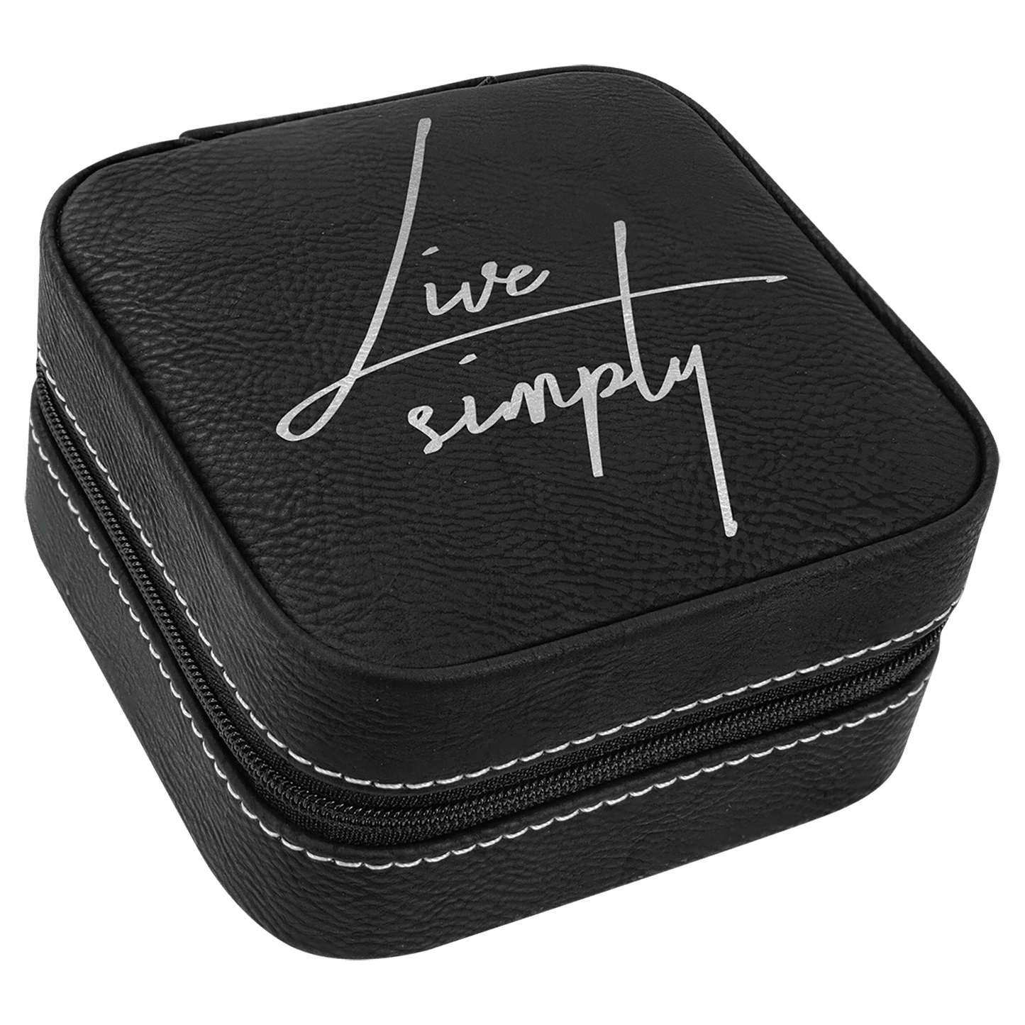 Black/Silver Laserable Leatherette Travel Jewelry Box with Black 4" X 4" Lining