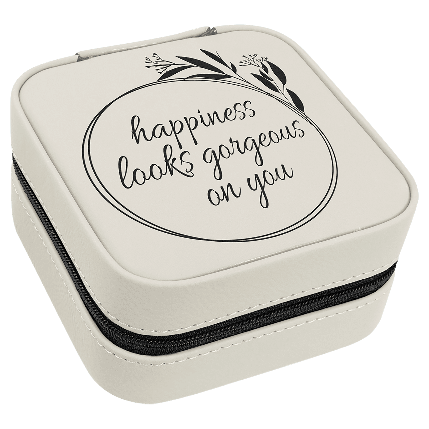 White/Black Laserable Leatherette Travel Jewelry Box with Black 4" X 4" Lining