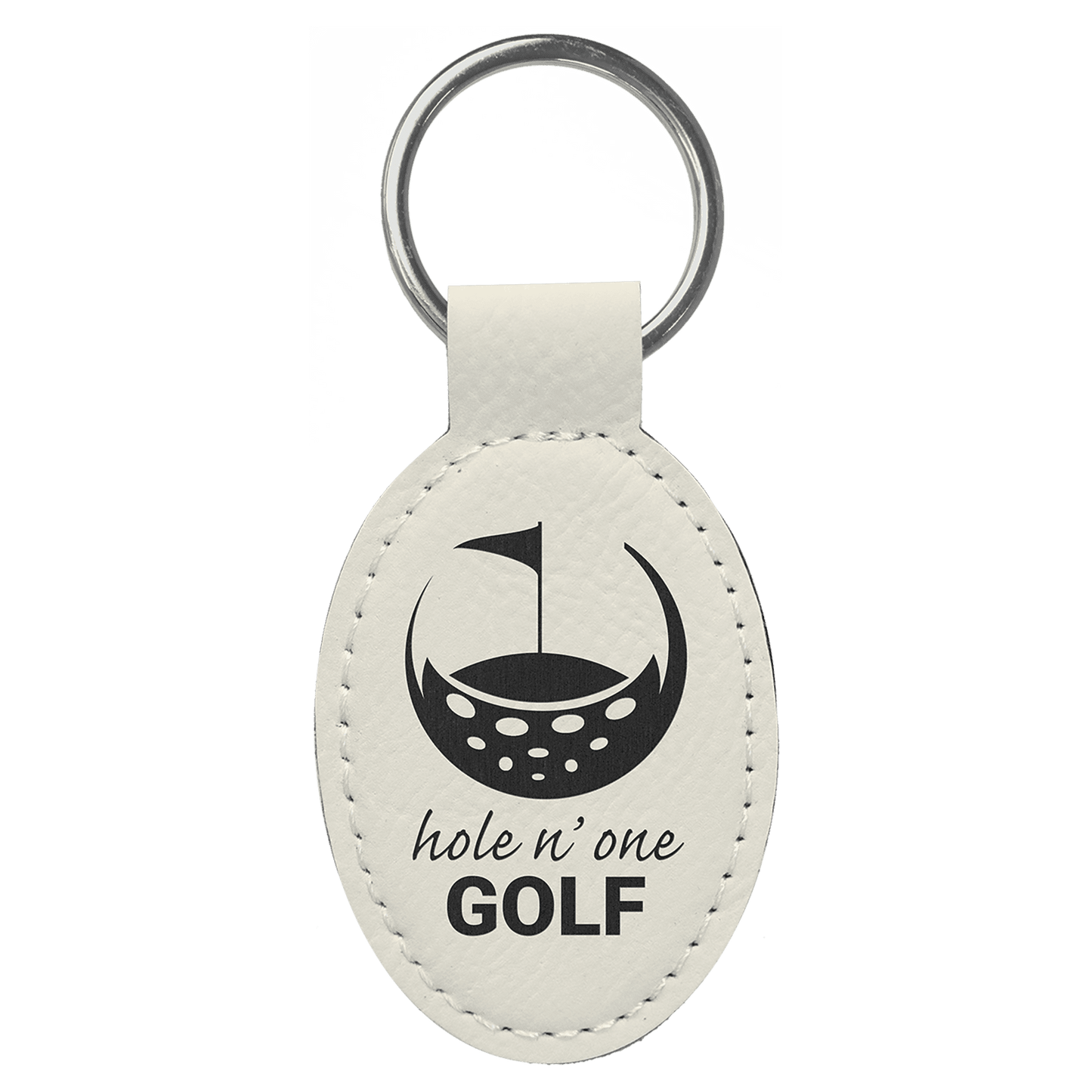 White 3" x 1 3/4" Laserable Leatherette Oval Keychain
