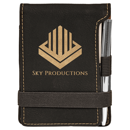 Black/Gold 3 1/4" x 4 3/4" Laserable Leatherette Mini Notepad with Pen