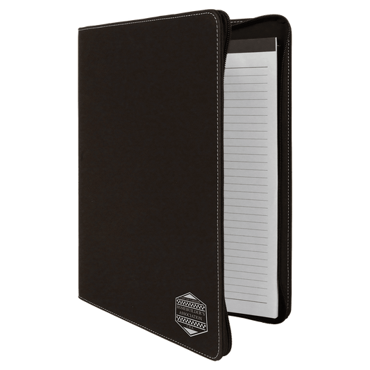 Black/Silver 9 1/2" x 12" w/Zipper Laserable Leatherette Portfolio with Notepad