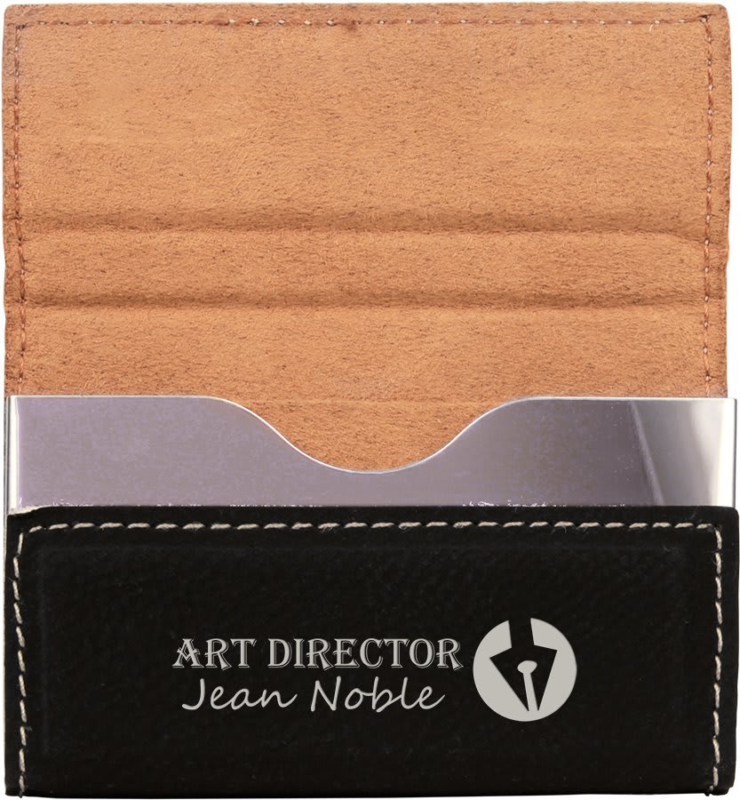 Black/Silver 3 3/4" x 2 3/4" Laserable Leatherette Hard Business Card Holder