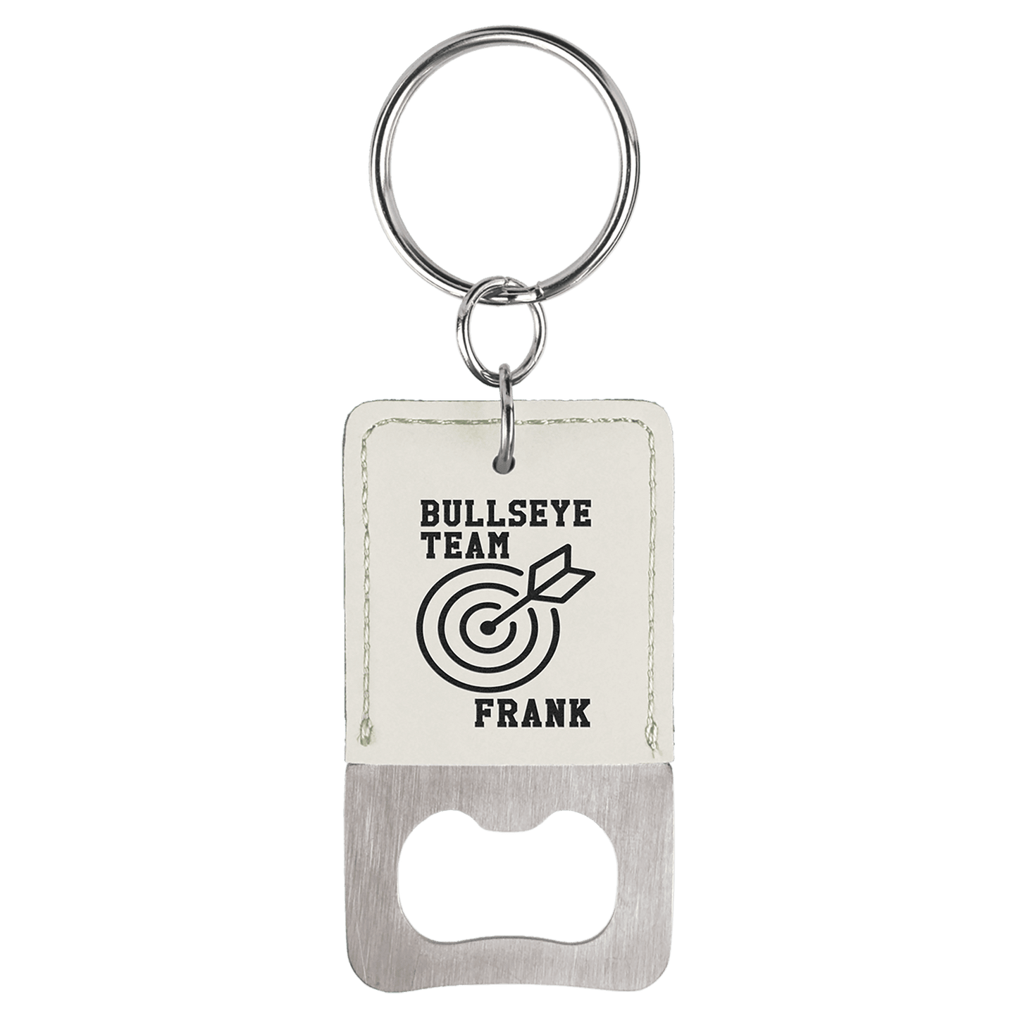 White Rectangle Laserable Leatherette Bottle Opener Keychain