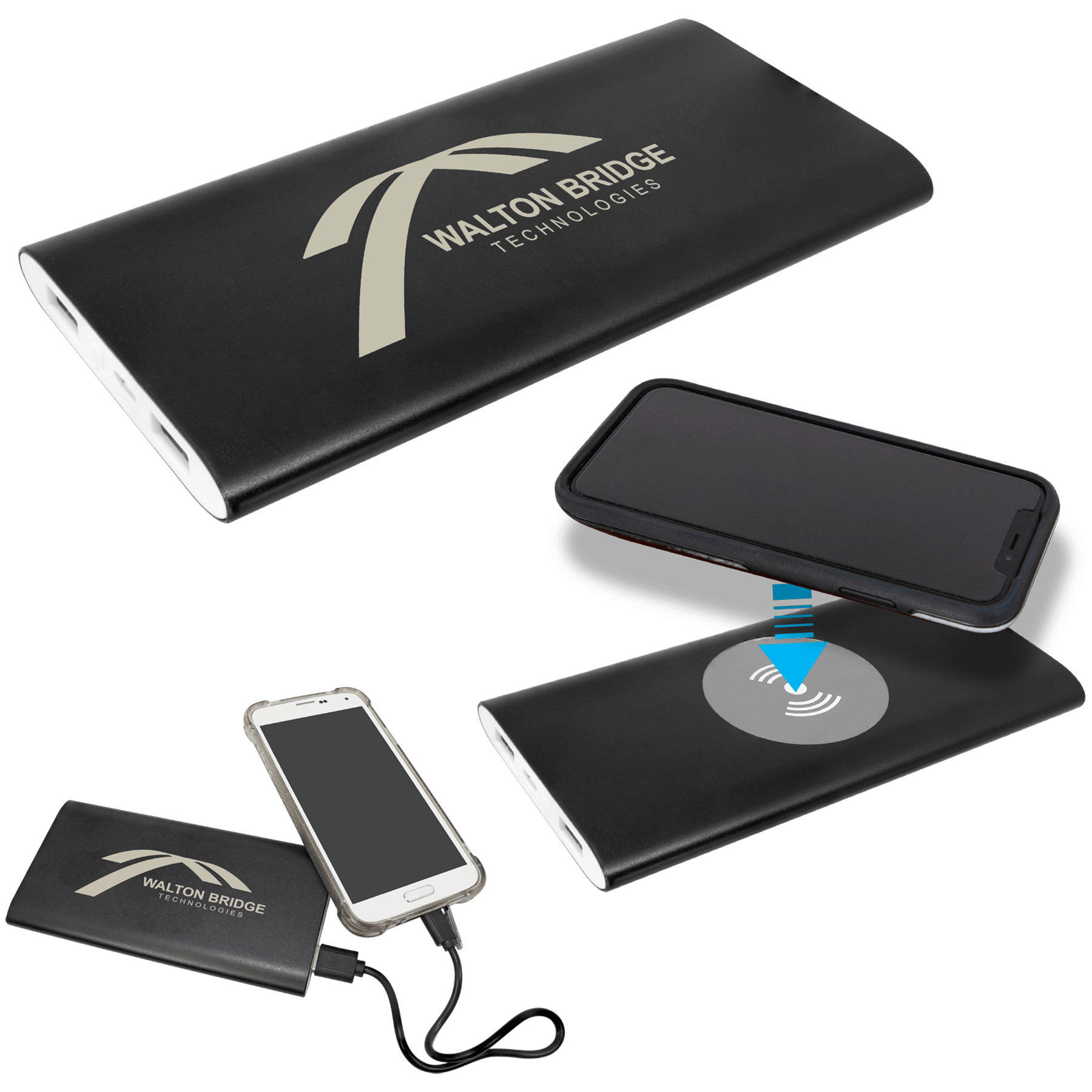 Black 8000MAH Power Bank & Wireless Anodized Aluminum Charger w/USB Power Cord