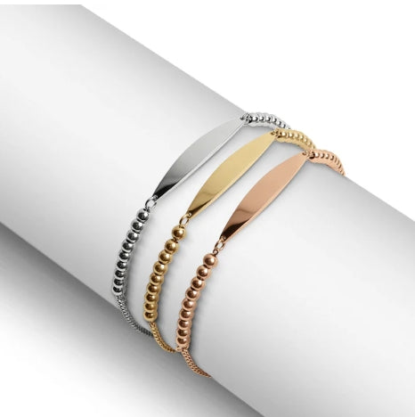 Adjustable Beaded Curved Blank Bar Bracelet - 18K Gold PVD Stainless Steel