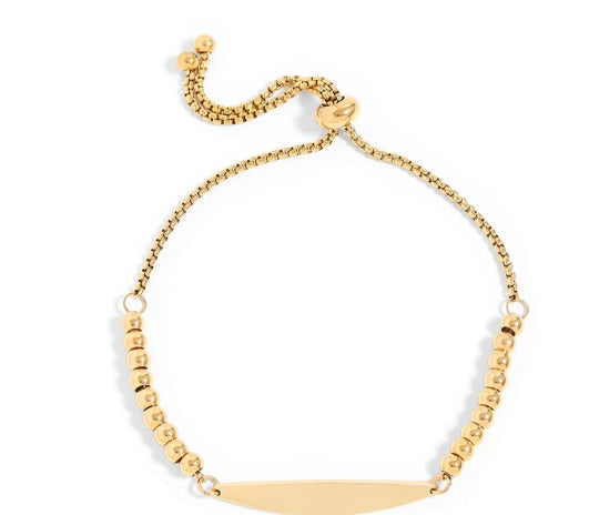 Adjustable Beaded Curved Blank Bar Bracelet - 18K Gold PVD Stainless Steel