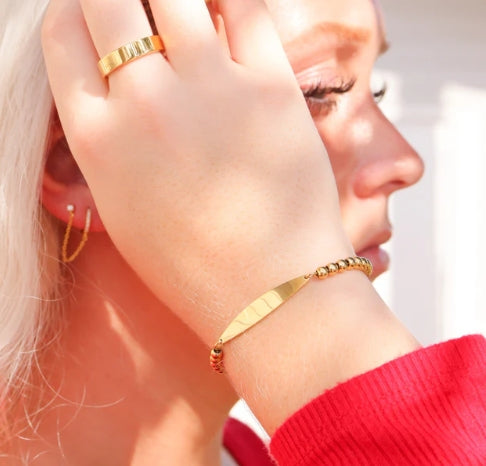 Adjustable Beaded Curved Blank Bar Bracelet - 18K Gold PVD Stainless Steel